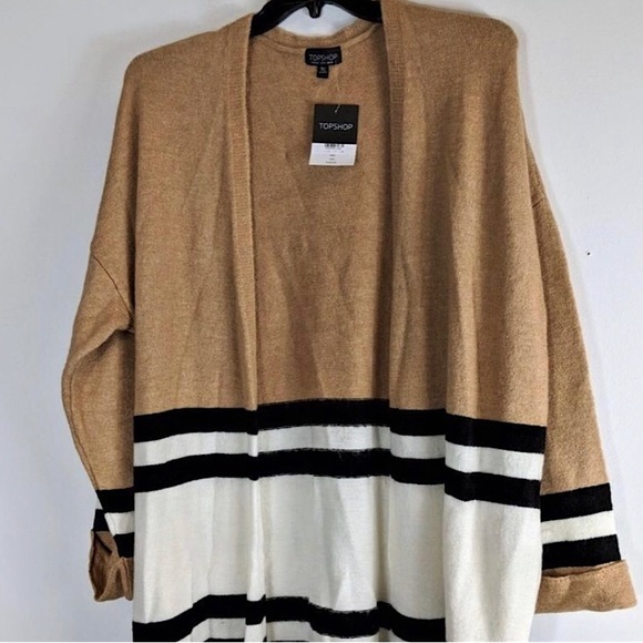 TOPSHOP Women’s Camel Ivory Black Stripes Open Cardigan Sweater Size 10 NWT - Picture 3 of 5